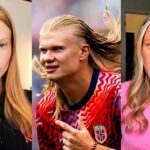 Three-person collage: left a red-haired woman in a black zip jacket, center a blond footballer in a red jersey, right a blonde woman in a pink top.