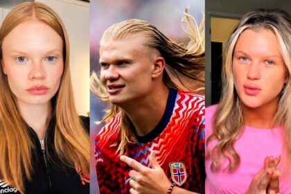 Three-person collage: left a red-haired woman in a black zip jacket, center a blond footballer in a red jersey, right a blonde woman in a pink top.