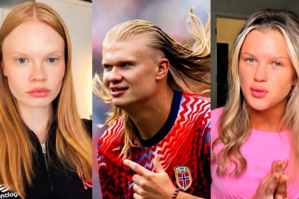 Three-person collage: left a red-haired woman in a black zip jacket, center a blond footballer in a red jersey, right a blonde woman in a pink top.