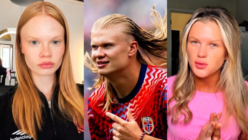 Three-person collage: left a red-haired woman in a black zip jacket, center a blond footballer in a red jersey, right a blonde woman in a pink top.