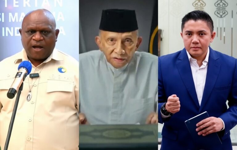 Collage of three men: a uniformed spokesperson at a microphone, an elderly man in a traditional black cap speaking at a podium, and a businessman in a blue suit holding a notebook.
