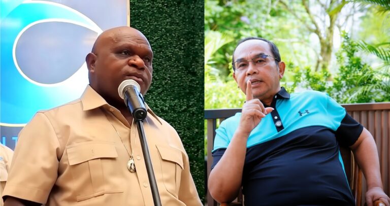 Split image: left, man in tan shirt speaking at a microphone; right, man in blue polo sitting on a bench making a shushing gesture outdoors.