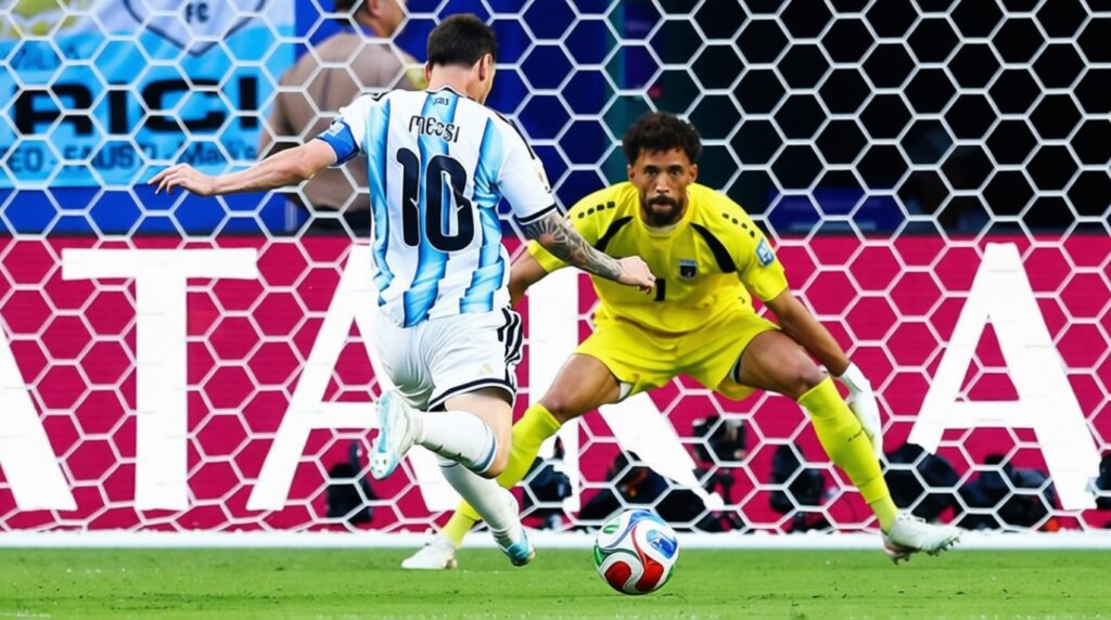 Argentina forward in a blue-and-white striped jersey (#10) dribbles toward the goal while the yellow-clad goalkeeper prepares to block.