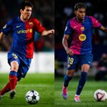Two FC Barcelona players dribble separate soccer balls on a grassy field during a match, wearing blue-red and pink-blue kits respectively.