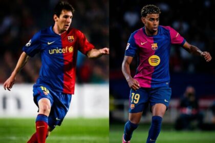Two FC Barcelona players dribble separate soccer balls on a grassy field during a match, wearing blue-red and pink-blue kits respectively.