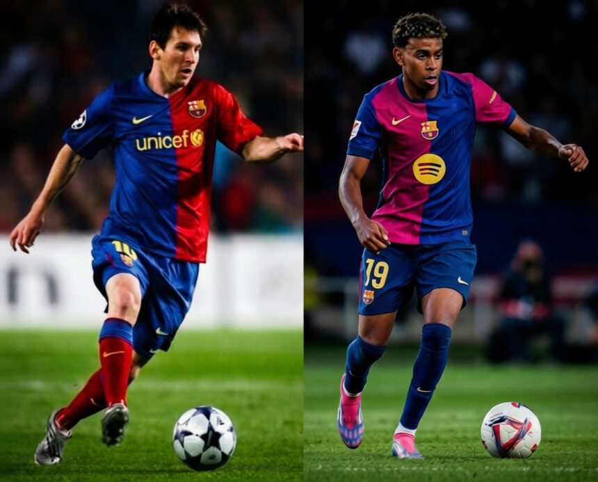 Two FC Barcelona players dribble separate soccer balls on a grassy field during a match, wearing blue-red and pink-blue kits respectively.