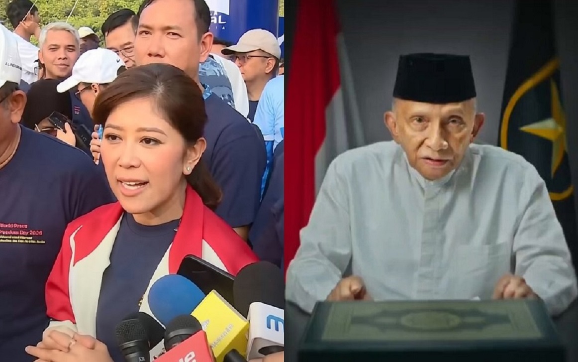 Split-screen: left side shows a woman in a red jacket speaking to reporters with microphones nearby; right side shows a frail man in a white tunic and black cap at a podium.”,