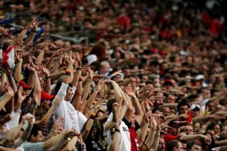Large crowd at a stadium with arms raised, cheering fans likely at a sporting event in progress.