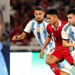 Split image: a man in a blue suit on the left and Argentine soccer players racing on the right in a match.