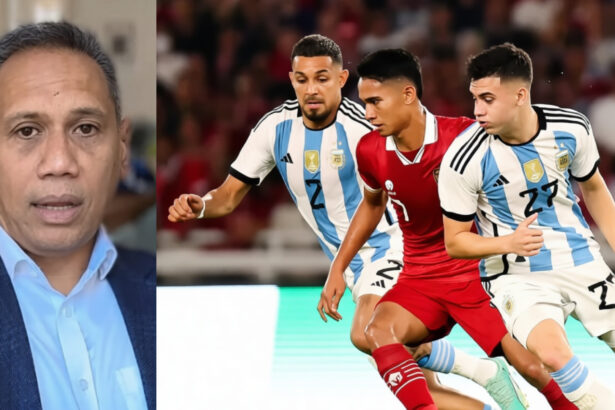 Split image: a man in a blue suit on the left and Argentine soccer players racing on the right in a match.