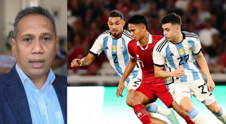 Split image: a man in a blue suit on the left and Argentine soccer players racing on the right in a match.