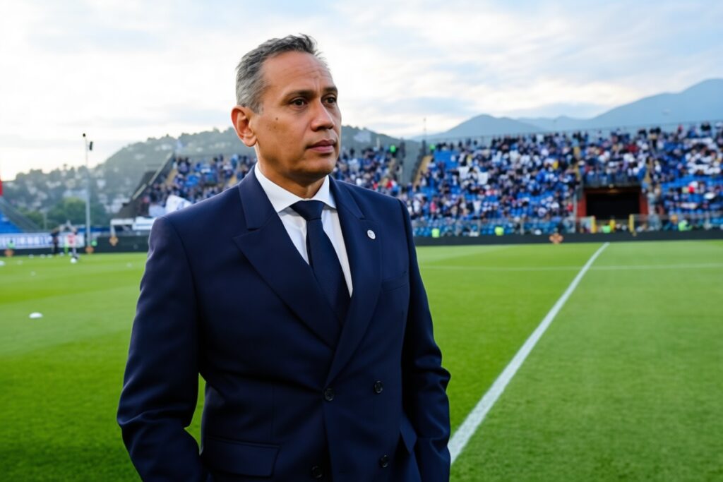 Man in a navy suit stands on a soccer pitch with a packed stadium in the background.