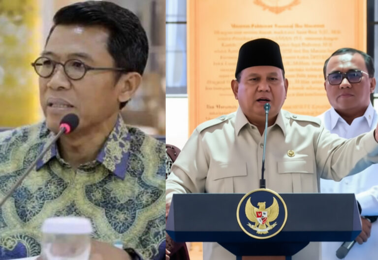 Left: man in batik shirt with round glasses speaks into a microphone; right: government official in beige uniform with black cap at a podium with an emblem behind him.