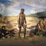 Life‑size prehistoric scene with nude human statues around a central adult figure in a barren landscape and a mural of mountains and a volcano in the background, suggesting an early human encampment.