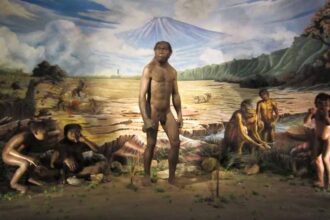 Life‑size prehistoric scene with nude human statues around a central adult figure in a barren landscape and a mural of mountains and a volcano in the background, suggesting an early human encampment.