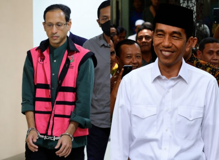 Nadiem Makarin Jokowi FIXX - Mabur.co Man in a pink vest and handcuffs on the left, with a guard nearby; a smiling man in a white shirt and black cap on the right amid a crowd.