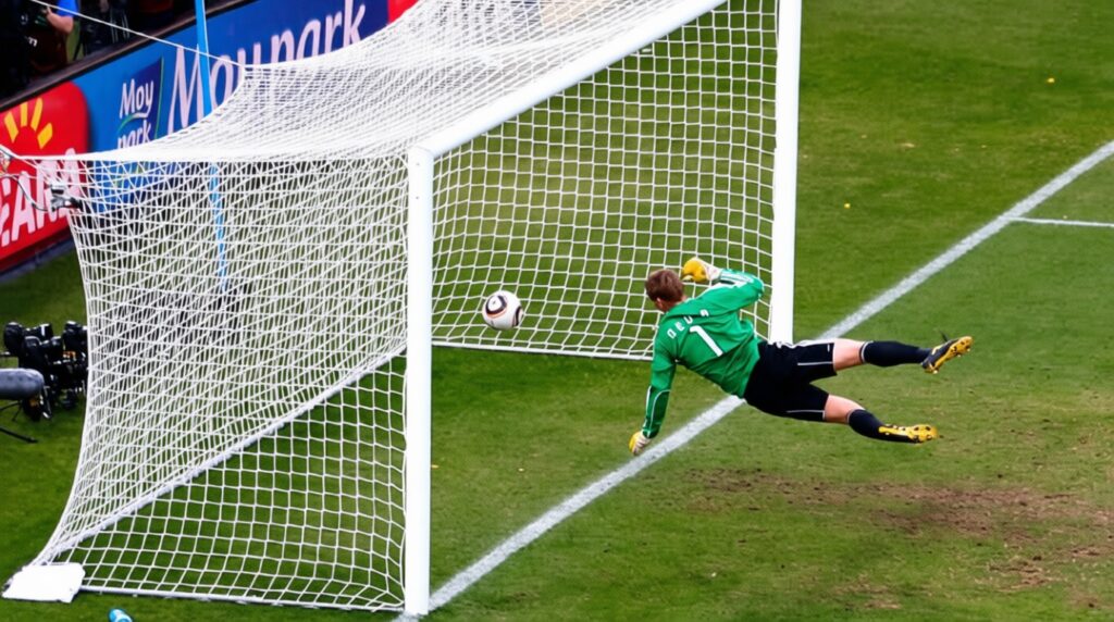 Neuer watching his goal by Sports Illustrated - Mabur.co Soccer goalkeeper in a green jersey dives at full stretch to block a ball near the goal during a match.