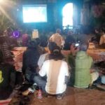 Outdoor night movie screening: a crowd sits on mats facing a projector screen in a garden setting.