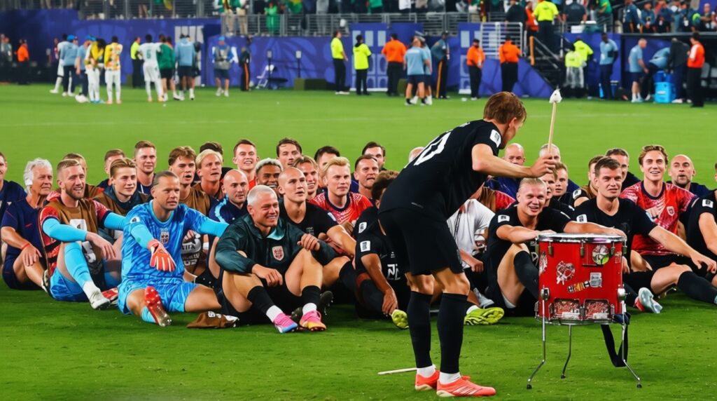 Norwegia viking rows by REUTERS - Mabur.co Post-match football team photo: players sit on the grass while a teammate in black hits a red drum in the foreground, crowd in the stands behind.