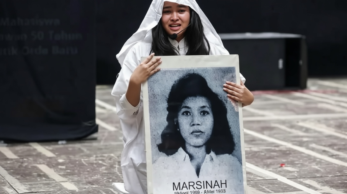 Young woman in white clothes holding a large portrait of Marsinah at a protest rally
