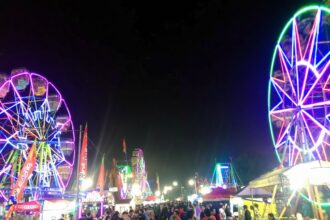 Night carnival scene with colorful neon Ferris wheels and a crowded fairground at dusk/darkness