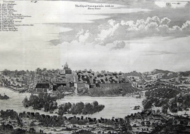 Engraved panorama of a walled fortress town along a river, with towers, church, and surrounding landscape.