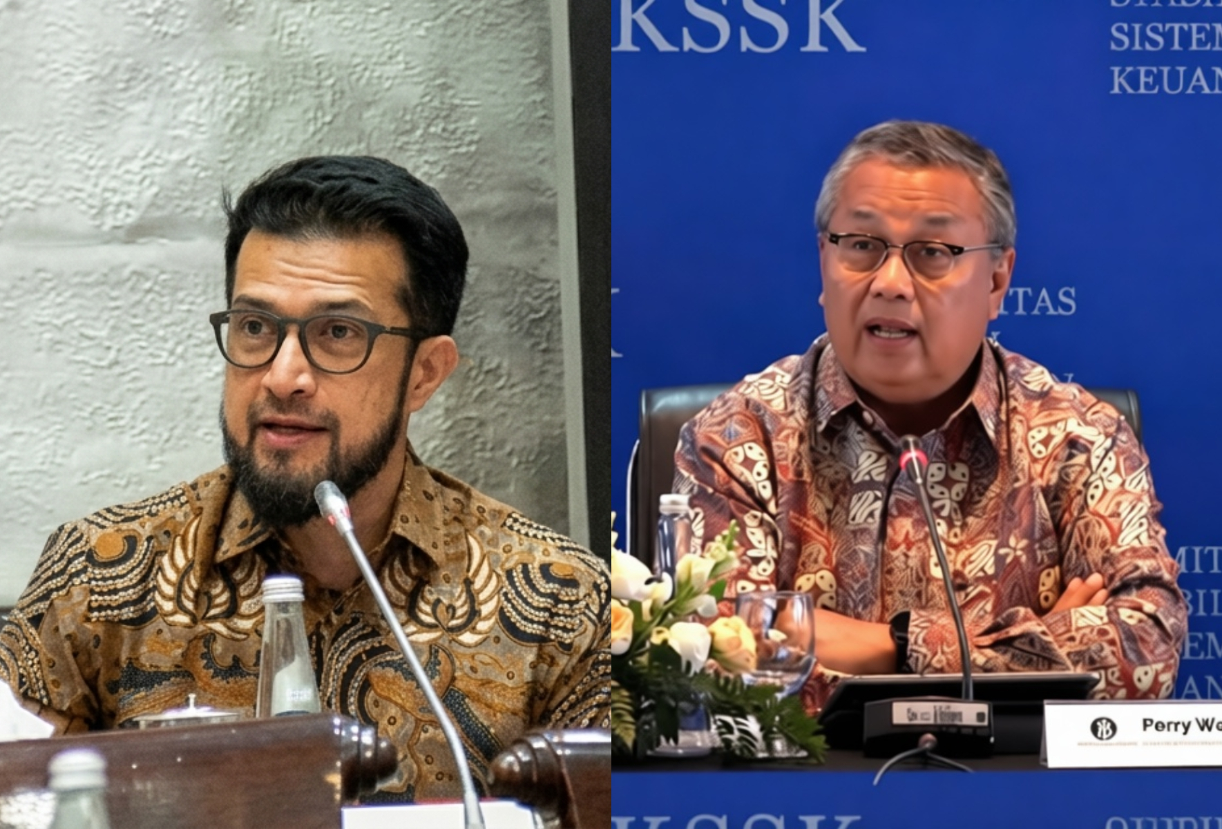 Two men in batik shirts speaking at a panel, each at a separate podium with microphones.