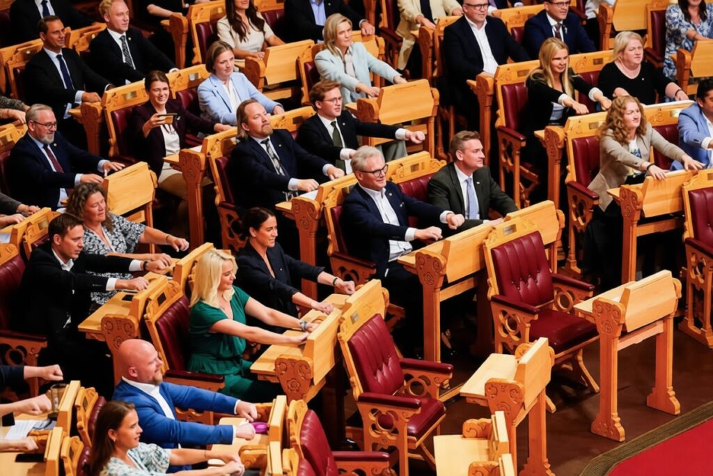 People in a formal assembly hall seated at ornate wooden desks with red cushioned chairs, many raising their arms as if voting.