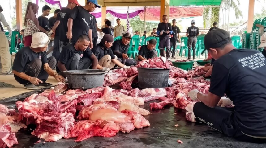 Pemotongan daging kurban by tribunnews com FIXX - Mabur.co Group of volunteers in black shirts processing a large pile of raw meat under a tent. (informative)