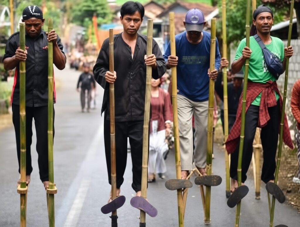Permainan Egrang by gunungkidulkab go id FIXX - Mabur.co Four men walk on tall bamboo stilts down a village street, with onlookers in the background.