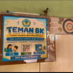 Bright poster reading TEMAN BK (Tempat mengadu dan minta Bantuan) for SMP Negeri 2 Sleman, with illustrations and QR codes.