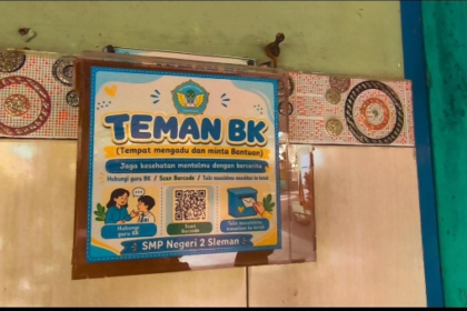Bright poster reading TEMAN BK (Tempat mengadu dan minta Bantuan) for SMP Negeri 2 Sleman, with illustrations and QR codes.