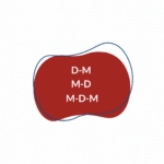 Narabahasa logo on a dotted background: a red abstract blob with the stacked text D-M, M-D, M-D-M and a blue looping line around it.