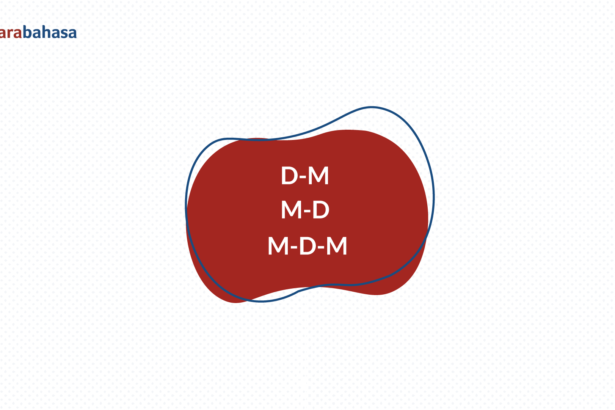 Narabahasa logo on a dotted background: a red abstract blob with the stacked text D-M, M-D, M-D-M and a blue looping line around it.