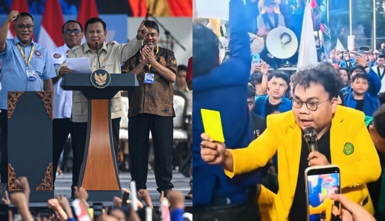 Split image: a politician at a podium addressing a crowd on the left, and a man in a bright yellow blazer speaking into a microphone at a rally on the right.