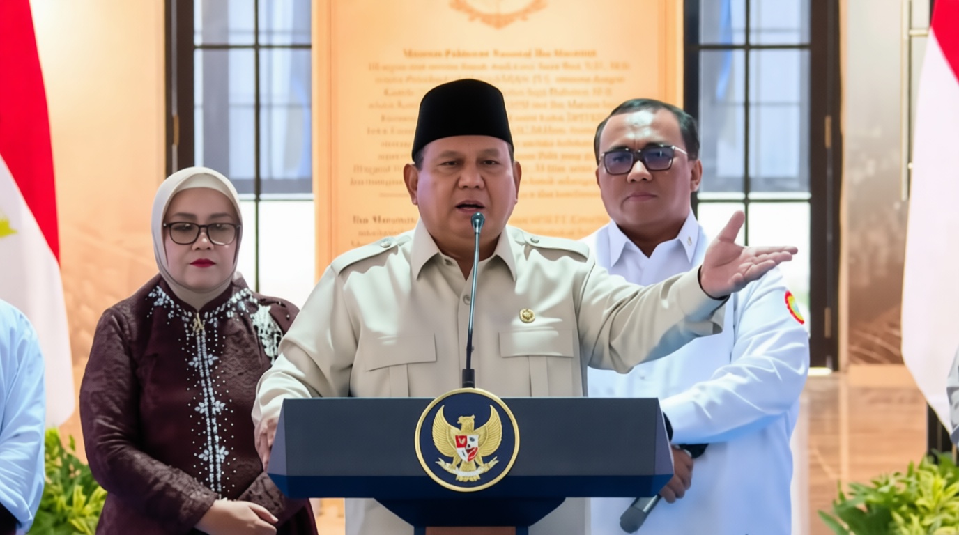 Government official in a beige uniform speaks at a podium with the Indonesian eagle crest; two aides stand behind him, flags in view.