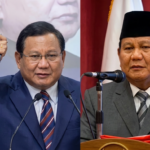 Two men in formal suits at a conference split-screen: the left man raises a pen while speaking into two microphones, the right man speaks into a mic at a podium with a red folder nearby.