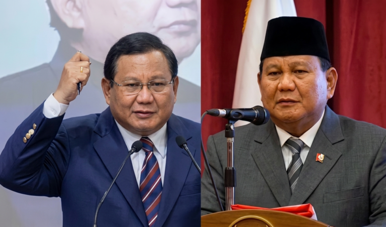 Two men in formal suits at a conference split-screen: the left man raises a pen while speaking into two microphones, the right man speaks into a mic at a podium with a red folder nearby.