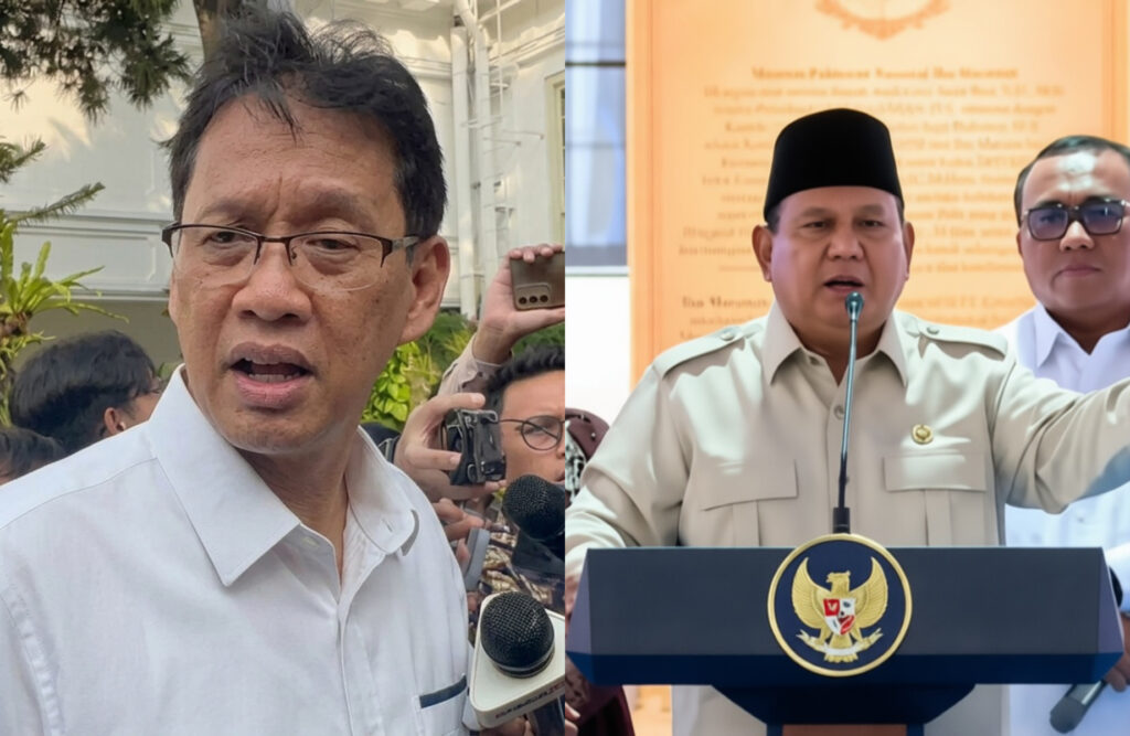 Split image: left shows a man with glasses speaking to reporters with microphones; right shows a government official in a beige uniform at a podium with a crest, speaking into a mic.