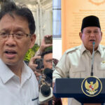 Split image: left shows a man with glasses speaking to reporters with microphones; right shows a government official in a beige uniform at a podium with a crest, speaking into a mic.