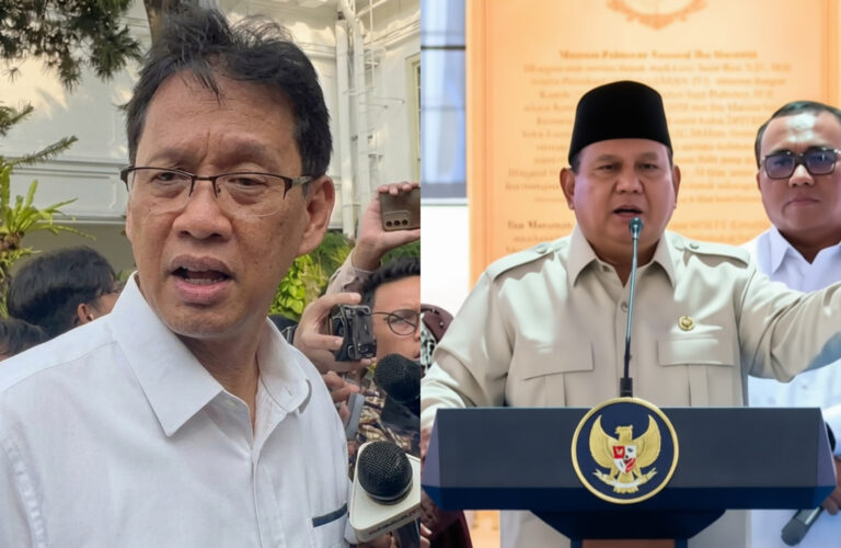 Split image: left shows a man with glasses speaking to reporters with microphones; right shows a government official in a beige uniform at a podium with a crest, speaking into a mic.