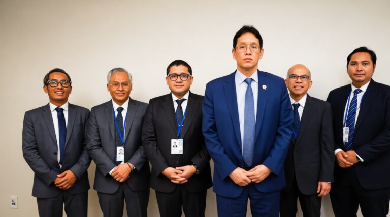 Six men in suits stand side by side against a neutral wall, each wearing an ID badge on a blue lanyard.
