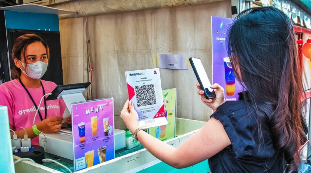 Vendor wearing a mask at a colorful drink stall, assisting a customer who holds a QR menu flyer.
