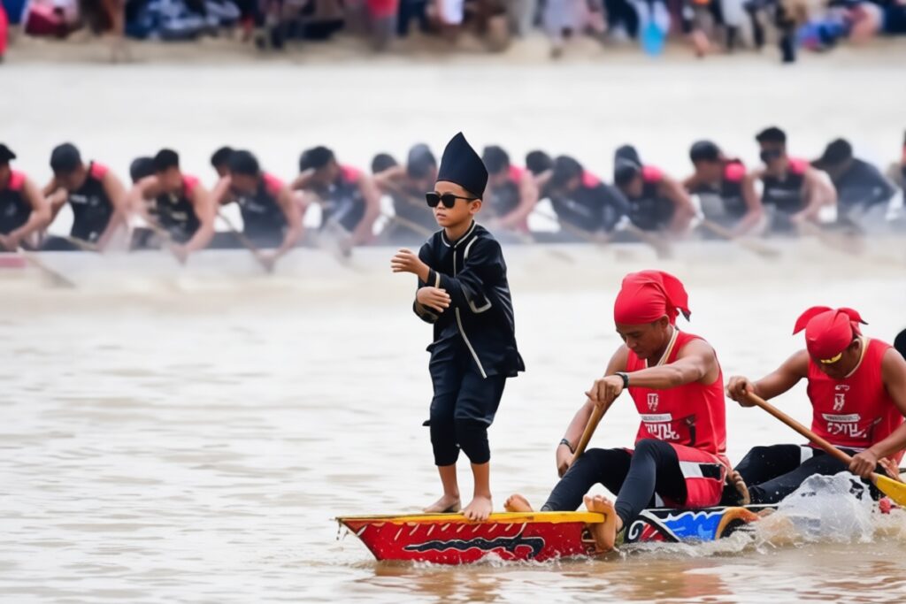 A young boy in traditional black attire and a tall hat stands at the front of a dragon boat, wearing sunglasses as teammates paddle behind him in a red-uniform boat.