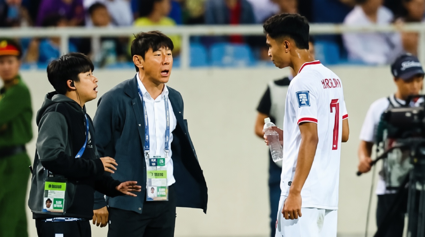 Two men with lanyards and a sports player in a white jersey face off on a field, one gesturing emphatically at the other edge of the frame