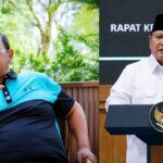 Split image: left man in turquoise and black polo sits outdoors with finger to lips; right man in white shirt and black cap speaks at a podium with an Indonesian emblem.