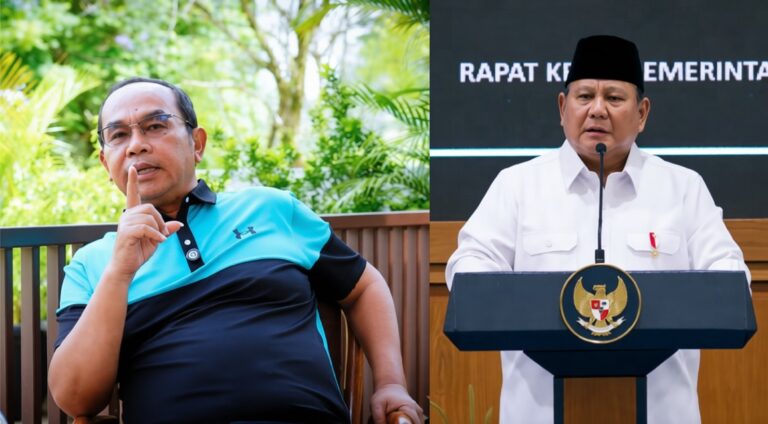 Split image: left man in turquoise and black polo sits outdoors with finger to lips; right man in white shirt and black cap speaks at a podium with an Indonesian emblem.
