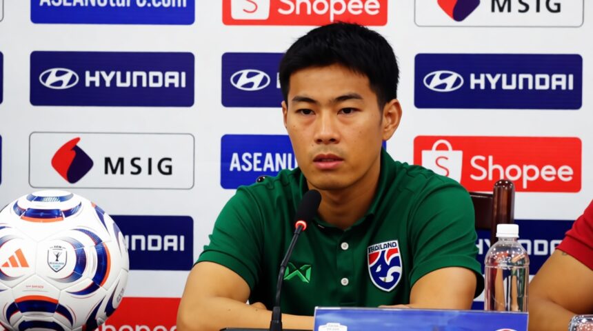 Asian male footballer in green polo speaking at a press conference with logos (Hyundai, Shopee, ASEAN) in the background and a soccer ball on the left.