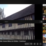 YouTube video page showing a history video about William Shakespeare for kids, with a medieval building in the paused video and the dark YouTube UI on screen.