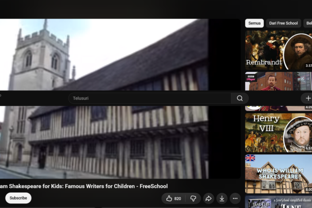 YouTube video page showing a history video about William Shakespeare for kids, with a medieval building in the paused video and the dark YouTube UI on screen.